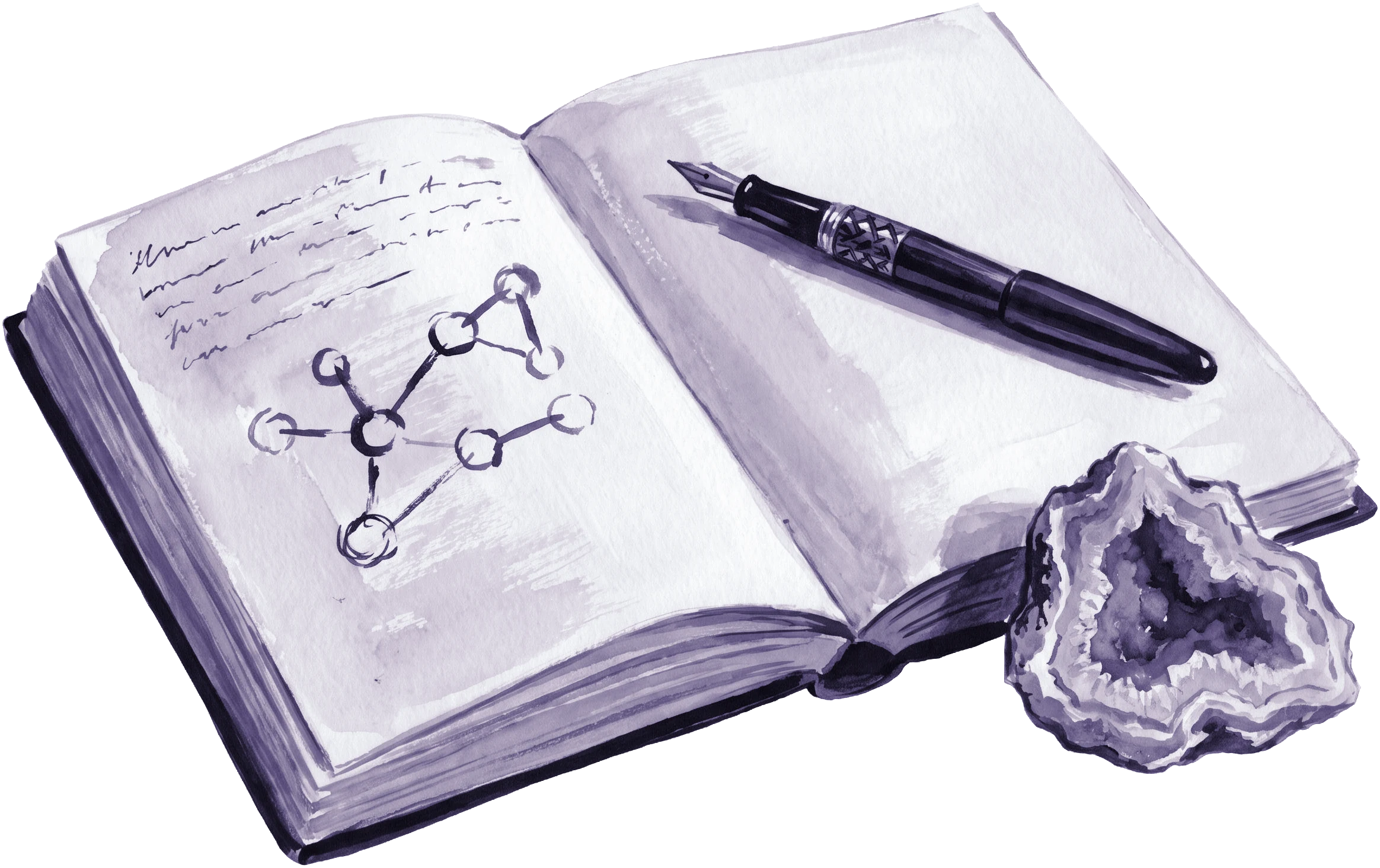 Ilustração de um caderno aberto com anotações e um esquema de moléculas, com uma caneta-tinteiro e um geodo partido ao lado