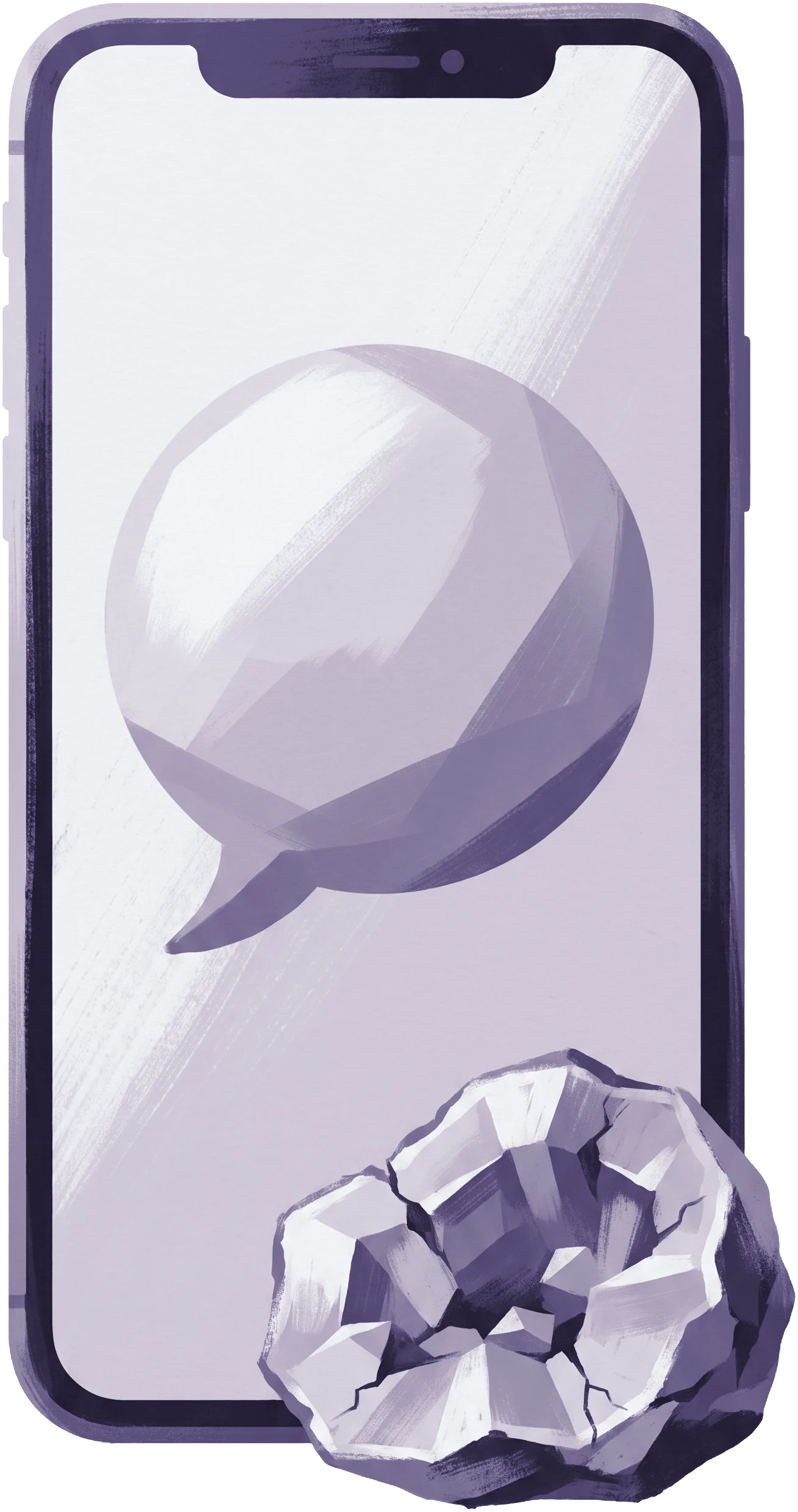 Ilustração de um celular com um balão de mensagem na tela e um geodo partido apoiado na borda