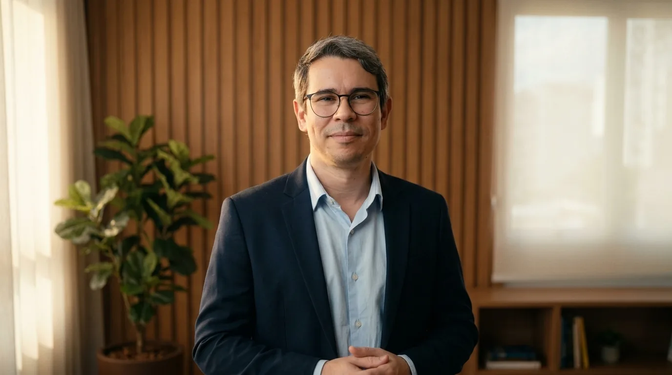 Dr. Lucas Henrique em pé no consultório de madeira, luz de janela ao lado