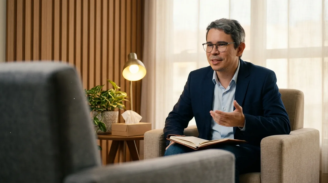 Dr. Lucas Henrique sentado na poltrona do consultório, caderno no colo, conversando com a pessoa à sua frente