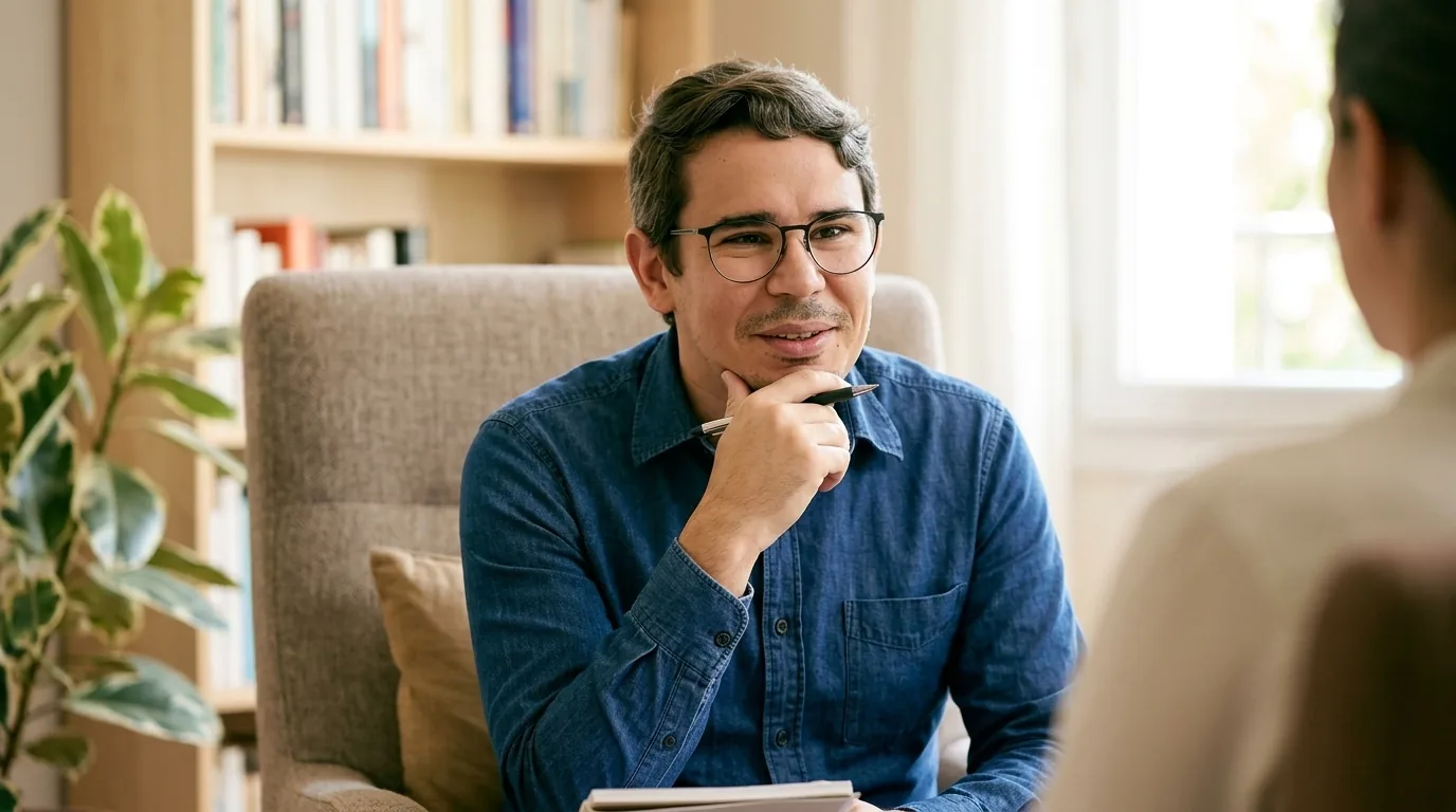 Dr. Lucas Henrique escutando com atenção, a mão apoiada no queixo, no consultório com estante e planta