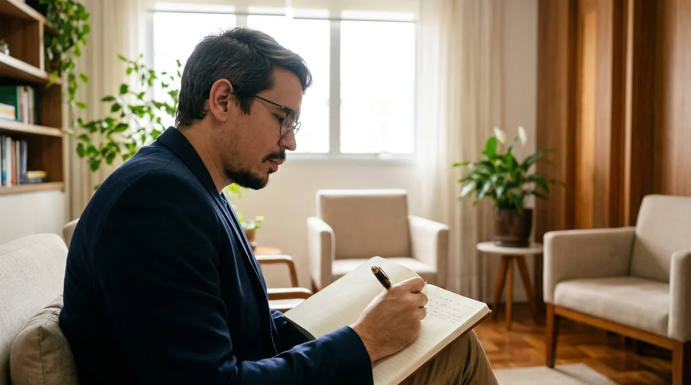 Dr. Lucas Henrique de perfil, escrevendo no caderno, com as poltronas do consultório e a luz da janela ao fundo