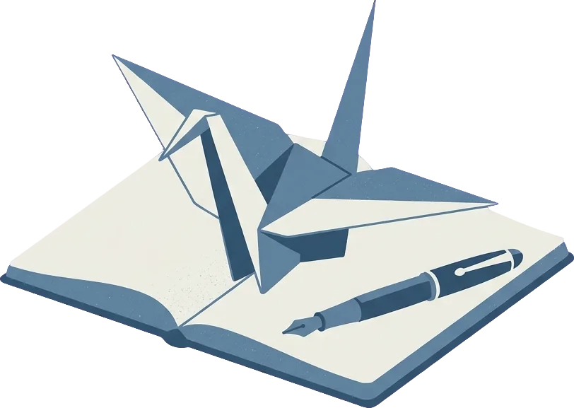 Ilustração de um tsuru de papel pousado sobre um caderno aberto, ao lado de uma caneta-tinteiro