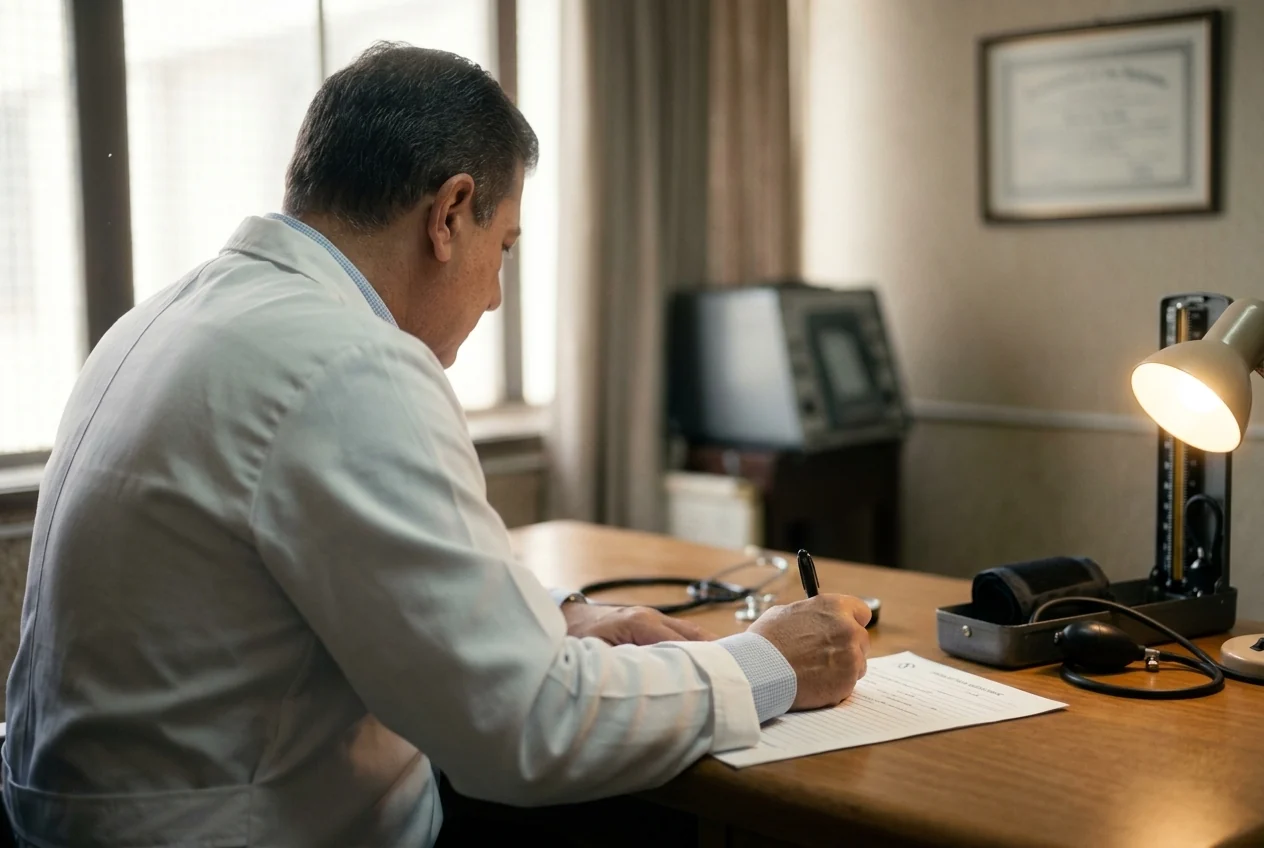 Médico de jaleco branco, visto de costas, preenchendo um laudo à mesa do consultório sob a luz de uma luminária