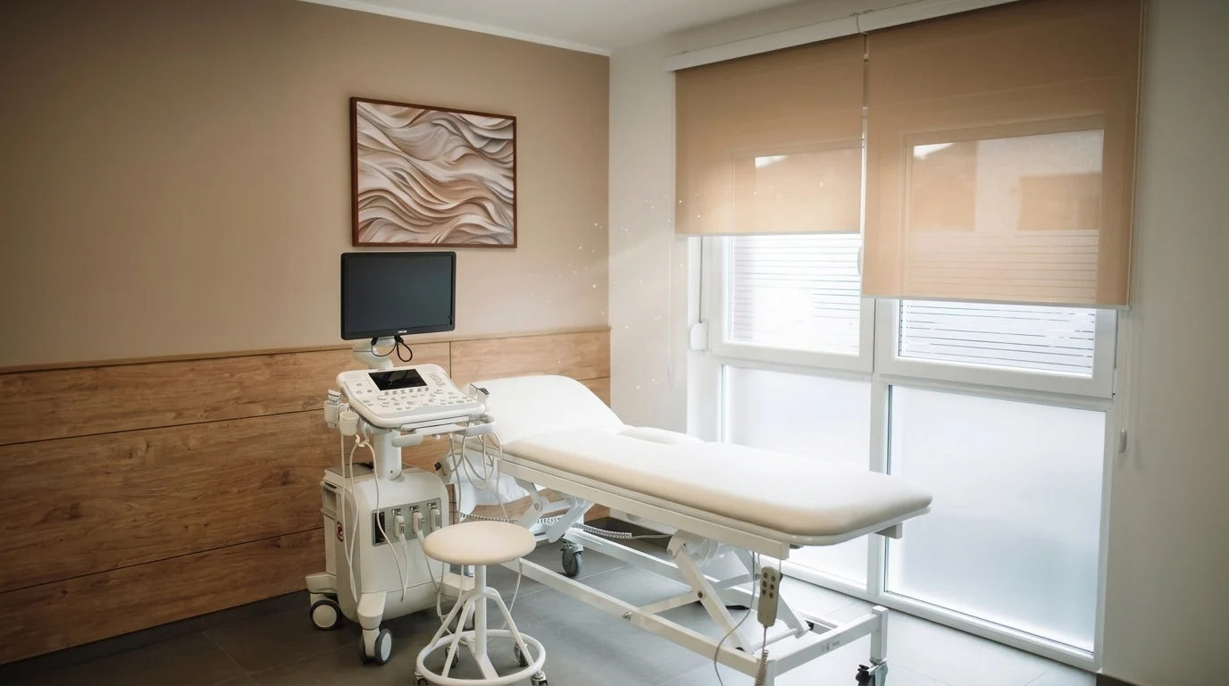 Sala de exame do consultório com maca branca, aparelho de imagem com monitor e a claridade da janela ao lado