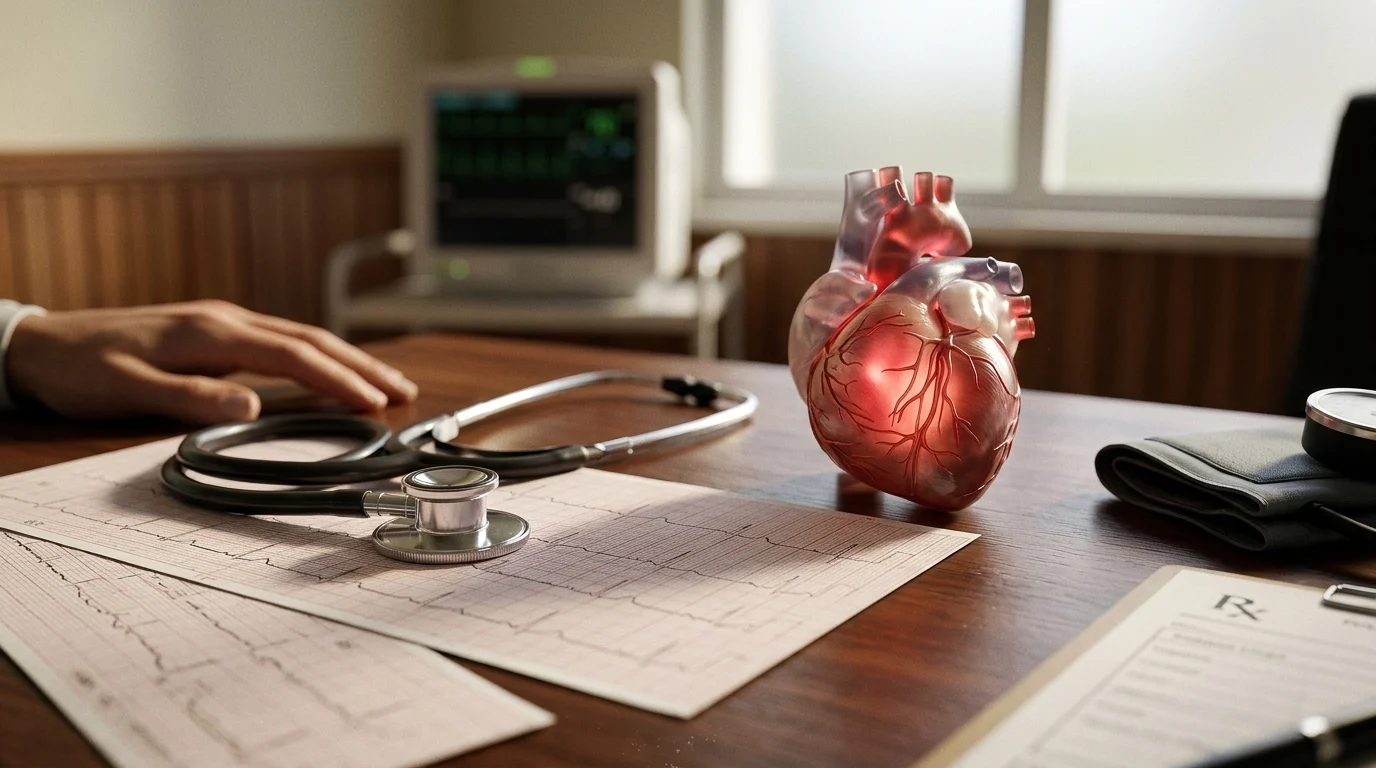 Mesa de madeira do consultório com estetoscópio apoiado sobre um traçado de eletrocardiograma impresso e um modelo anatômico do coração ao lado
