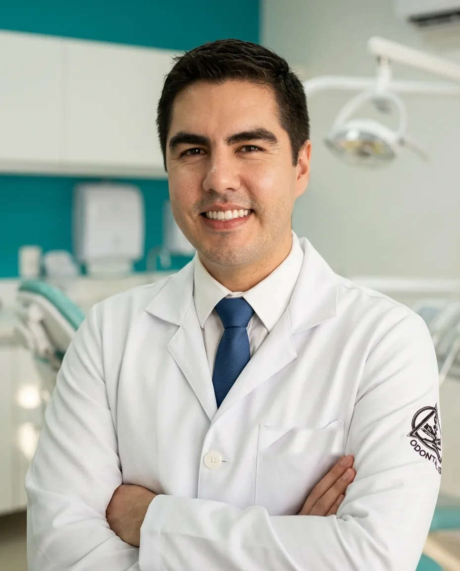 Dr. Victor Hugo, cirurgiao-dentista, de jaleco branco e gravata azul no consultorio da clinica