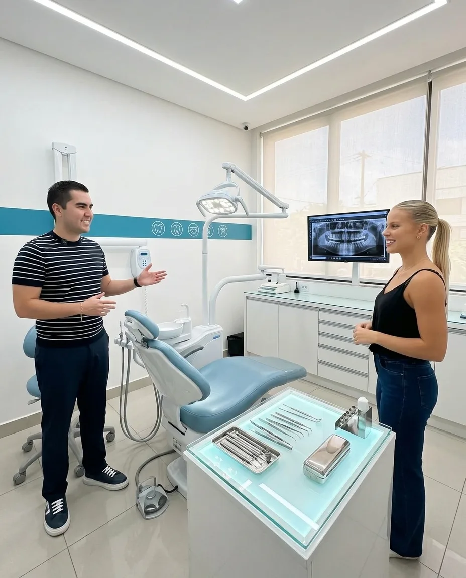 Sala de atendimento clara e ampla, com cadeira odontológica, radiografia panorâmica na tela e o dentista conversando em pé com uma paciente