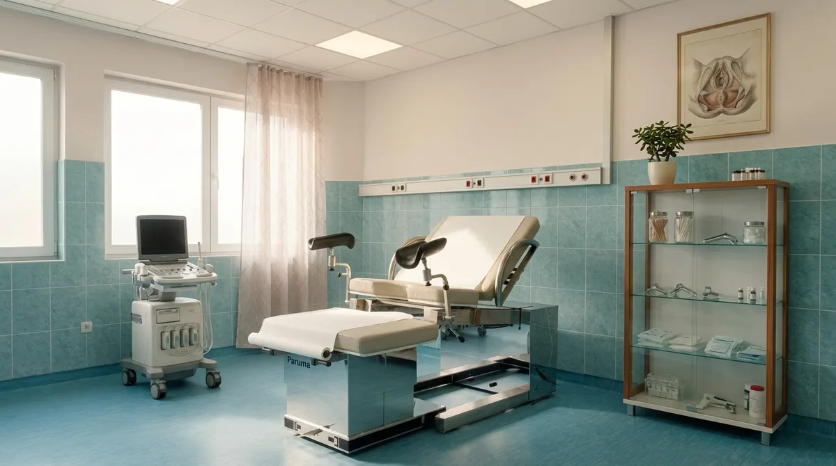Consultório de ginecologia com cadeira de exame e aparelho de ultrassom