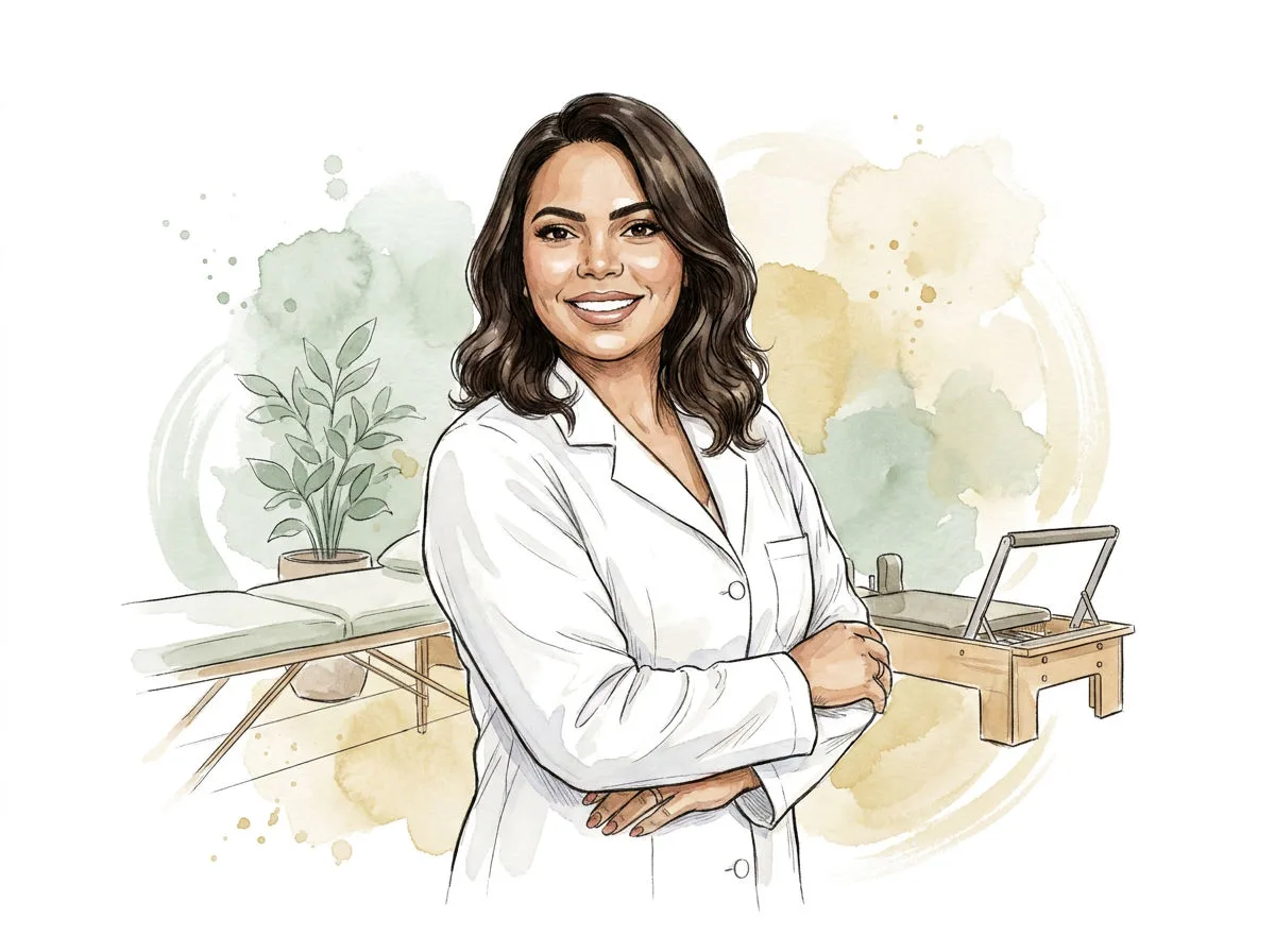Ilustração em aquarela da Dra. Isabela Cristina Rosa de jaleco branco, de braços cruzados, com a maca e o reformer de madeira ao fundo.