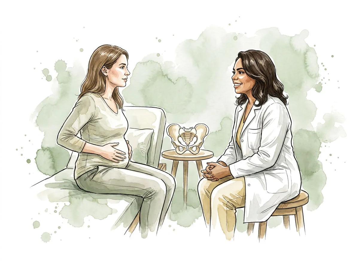 Ilustração em aquarela: a fisioterapeuta e a paciente sentadas frente a frente, com um modelo anatômico de pelve entre as duas.