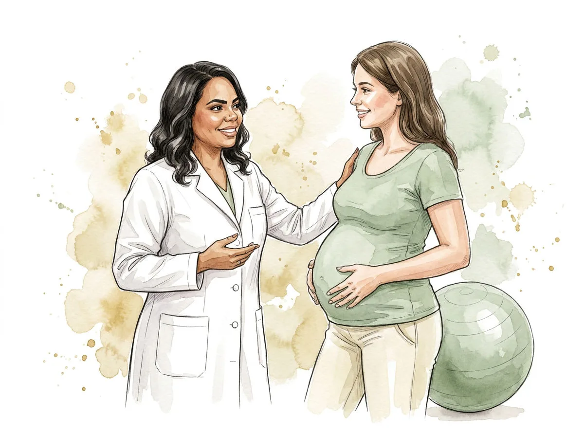 Ilustração em aquarela: a fisioterapeuta guiando a respiração de uma gestante em pé.