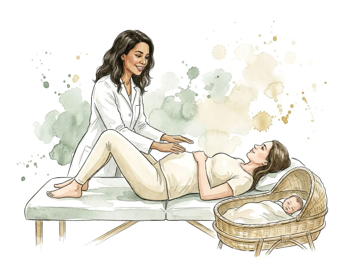 Ilustração em aquarela: a fisioterapeuta avaliando uma mãe deitada e vestida, com o bebê num moisés ao lado.