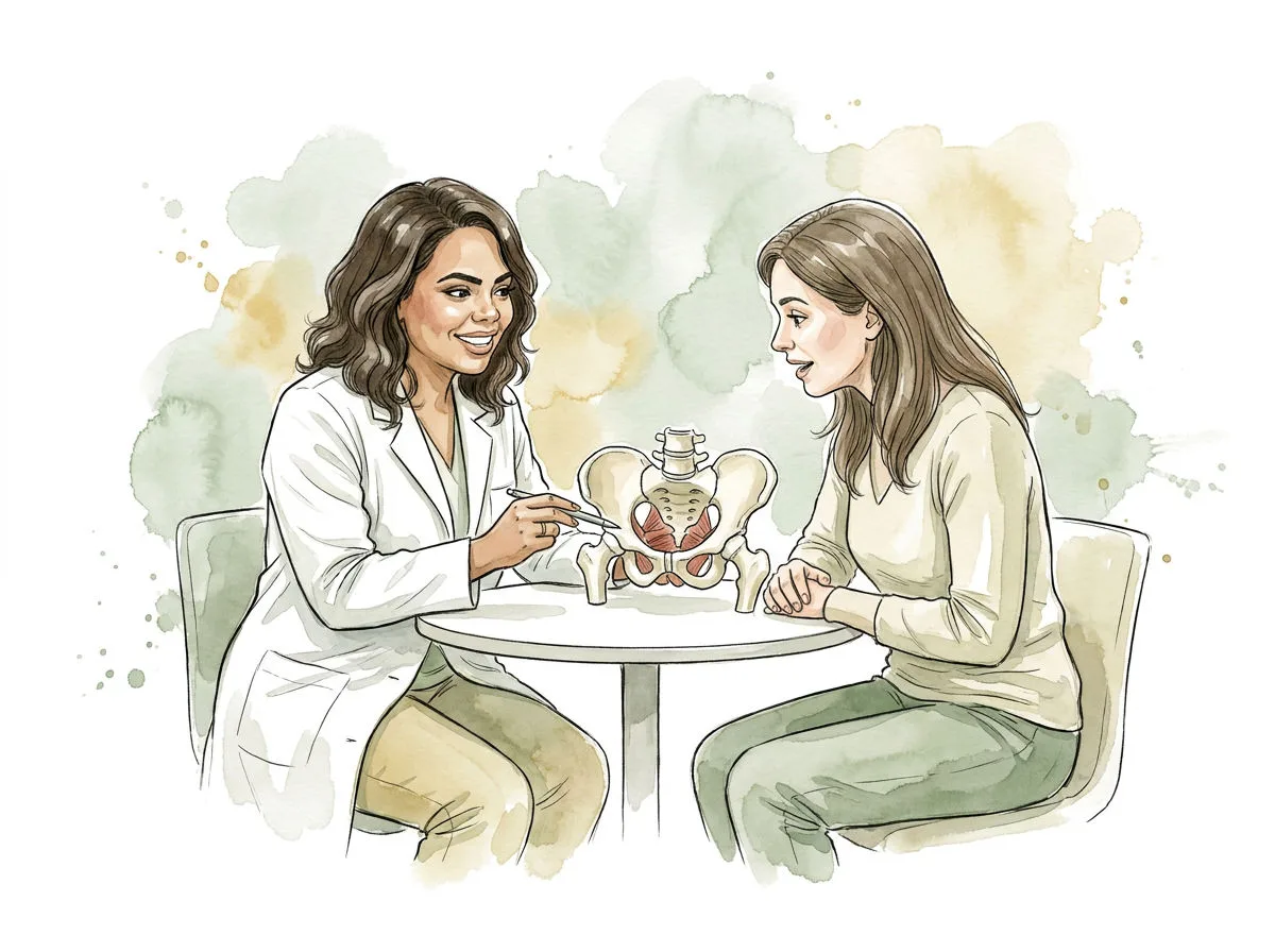 Ilustração em aquarela: a fisioterapeuta apontando o assoalho pélvico num modelo anatômico para a paciente.