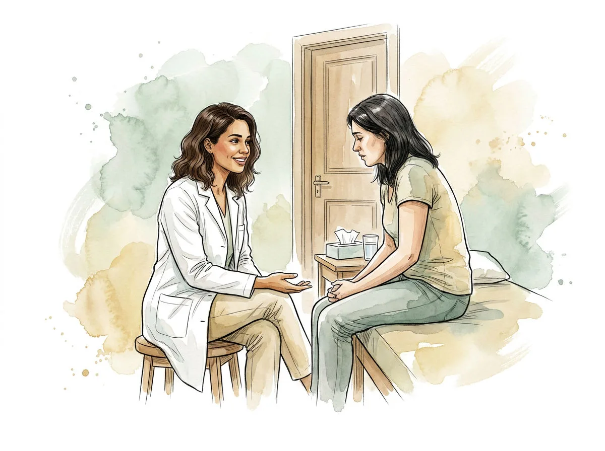Ilustração em aquarela: a fisioterapeuta escutando a paciente numa sala fechada, sem prancheta.