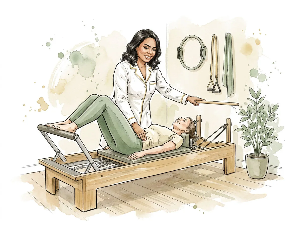 Ilustração em aquarela: a fisioterapeuta corrigindo a postura da paciente no reformer de madeira.