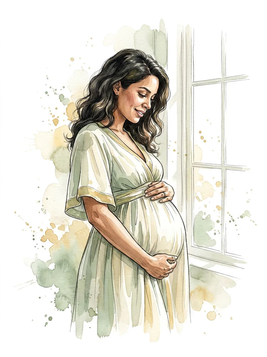 Ilustração em aquarela de uma gestante com a mão sobre a barriga.