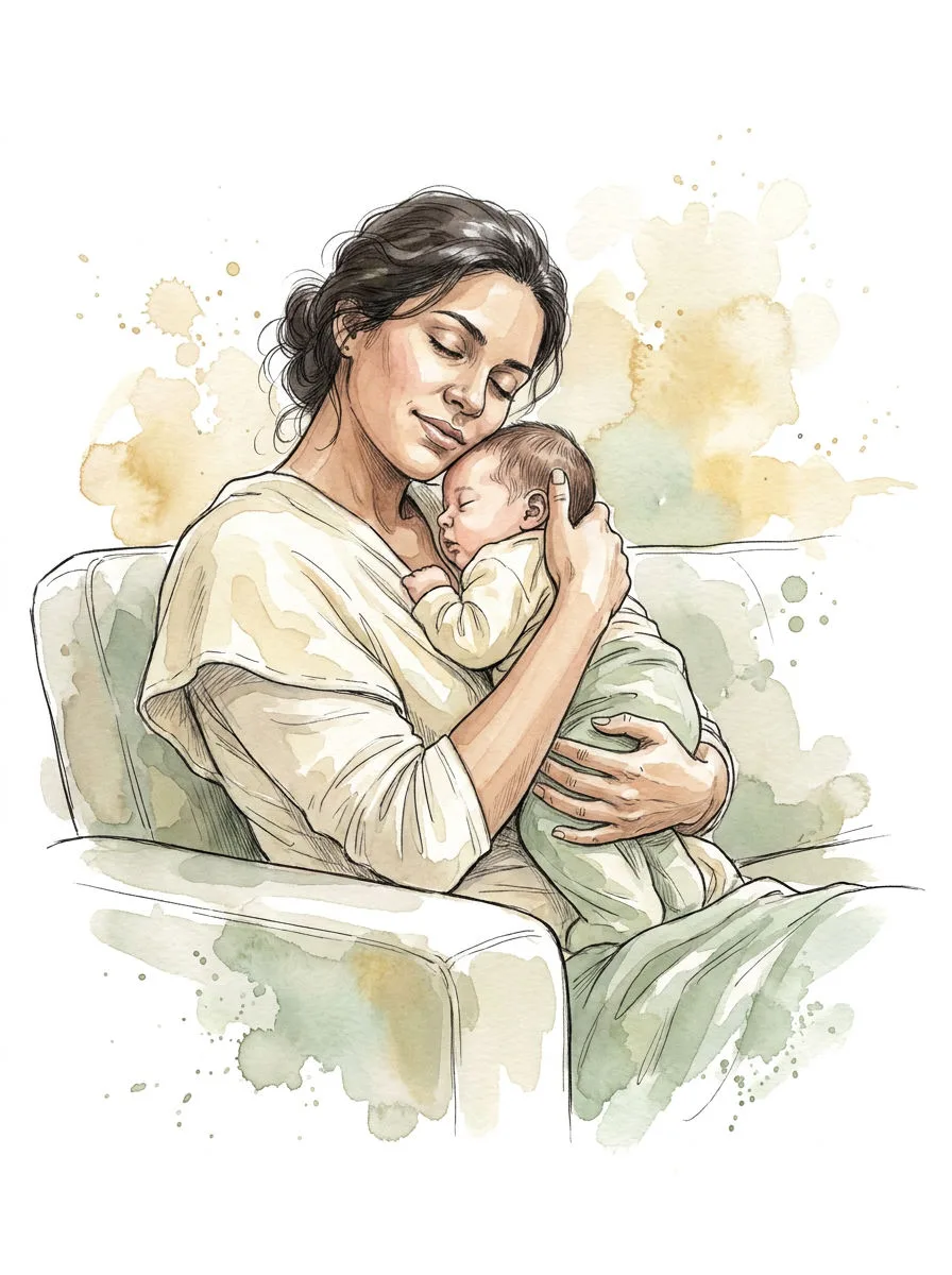 Ilustração em aquarela de uma mulher no pós-parto com o bebê no colo.