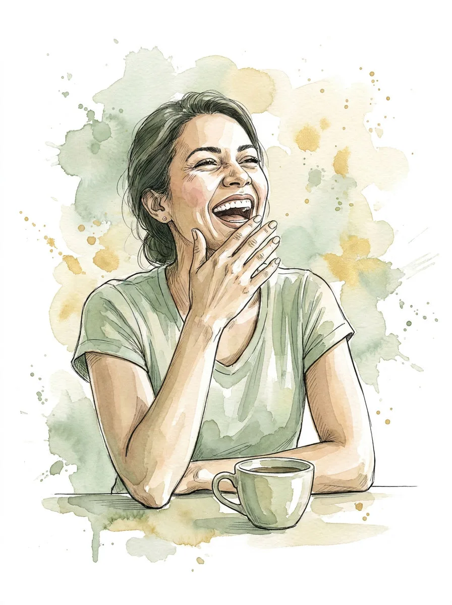 Ilustração em aquarela de uma mulher rindo alto, com a cabeça inclinada para trás.