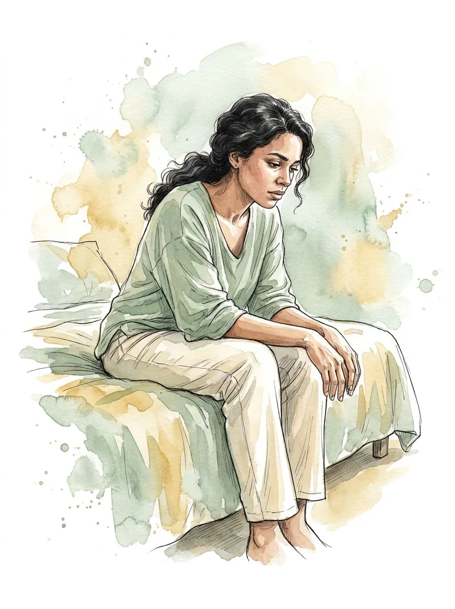 Ilustração em aquarela de uma mulher pensativa, sentada na beira da cama.