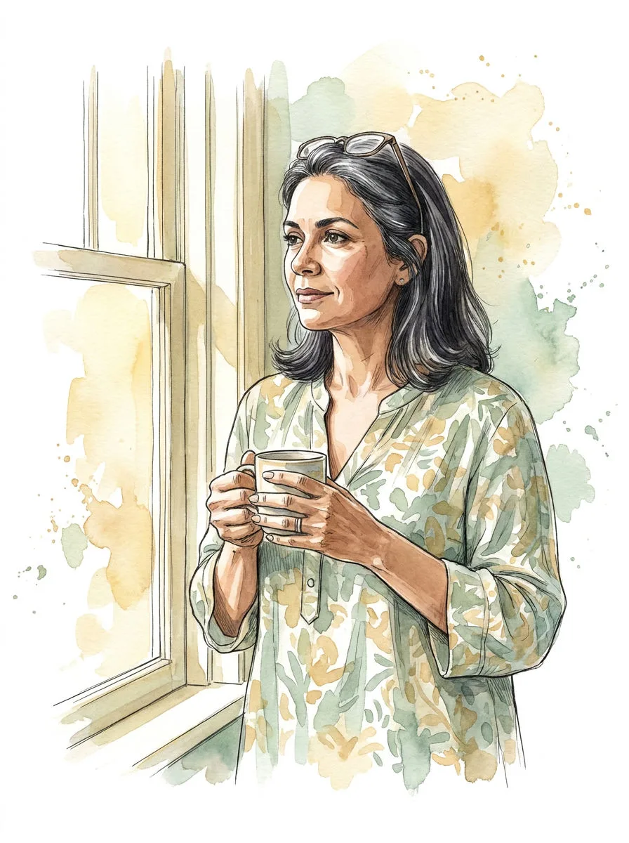 Ilustração em aquarela de uma mulher na menopausa junto à janela, sob a luz da manhã.