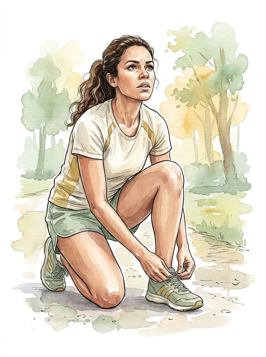 Ilustração em aquarela de uma mulher amarrando o tênis para voltar a treinar.