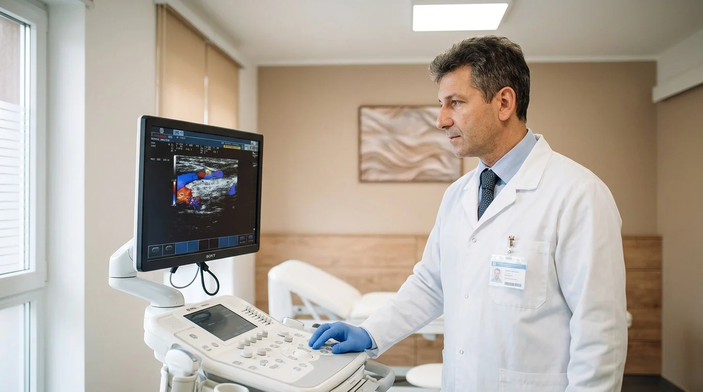 Profissional de radiologia ao lado do monitor do aparelho de ultrassom, em sala de exame.