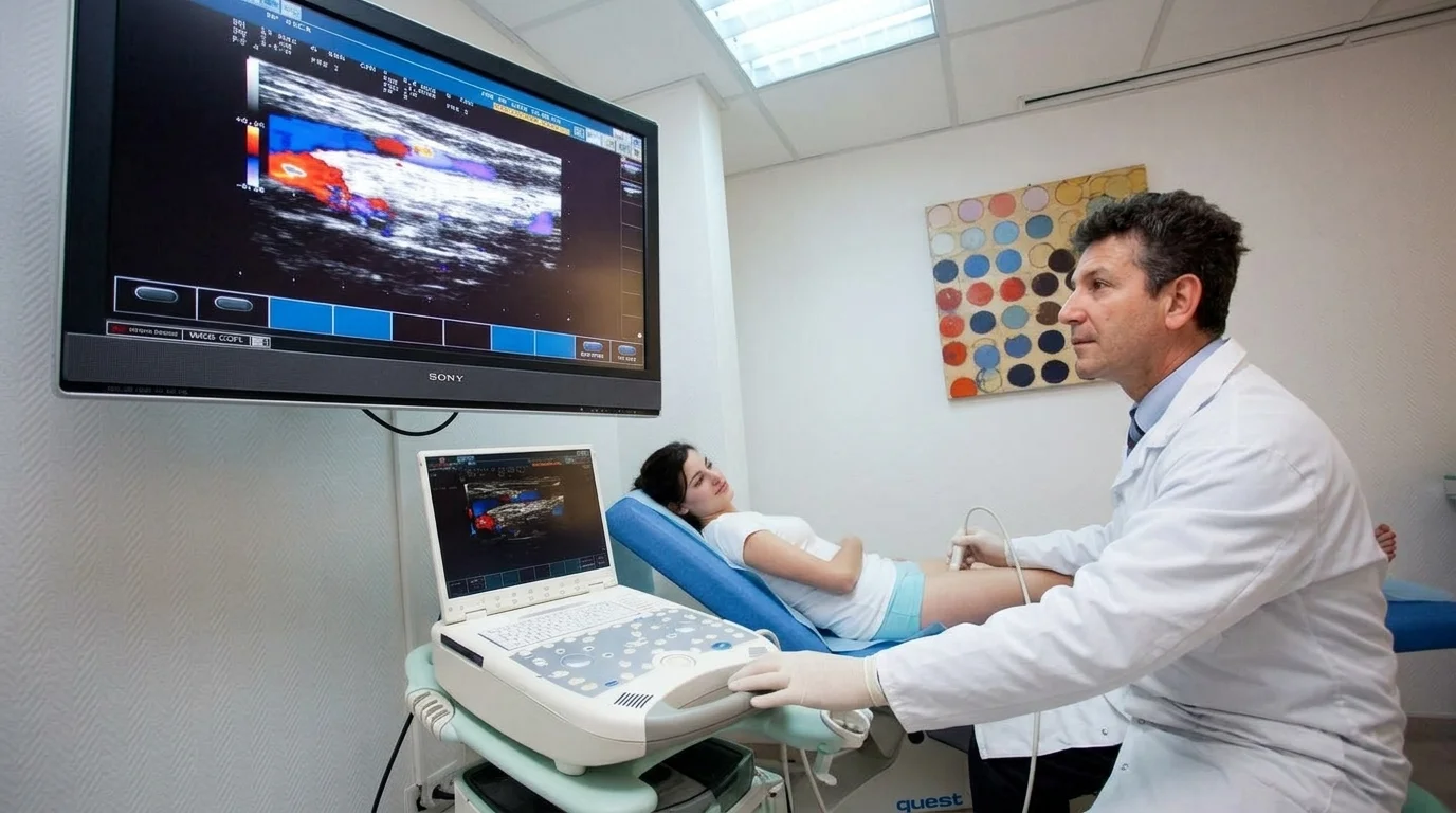 Profissional de radiologia realizando exame de ultrassom em paciente, com imagem de Doppler exibida no monitor da sala.