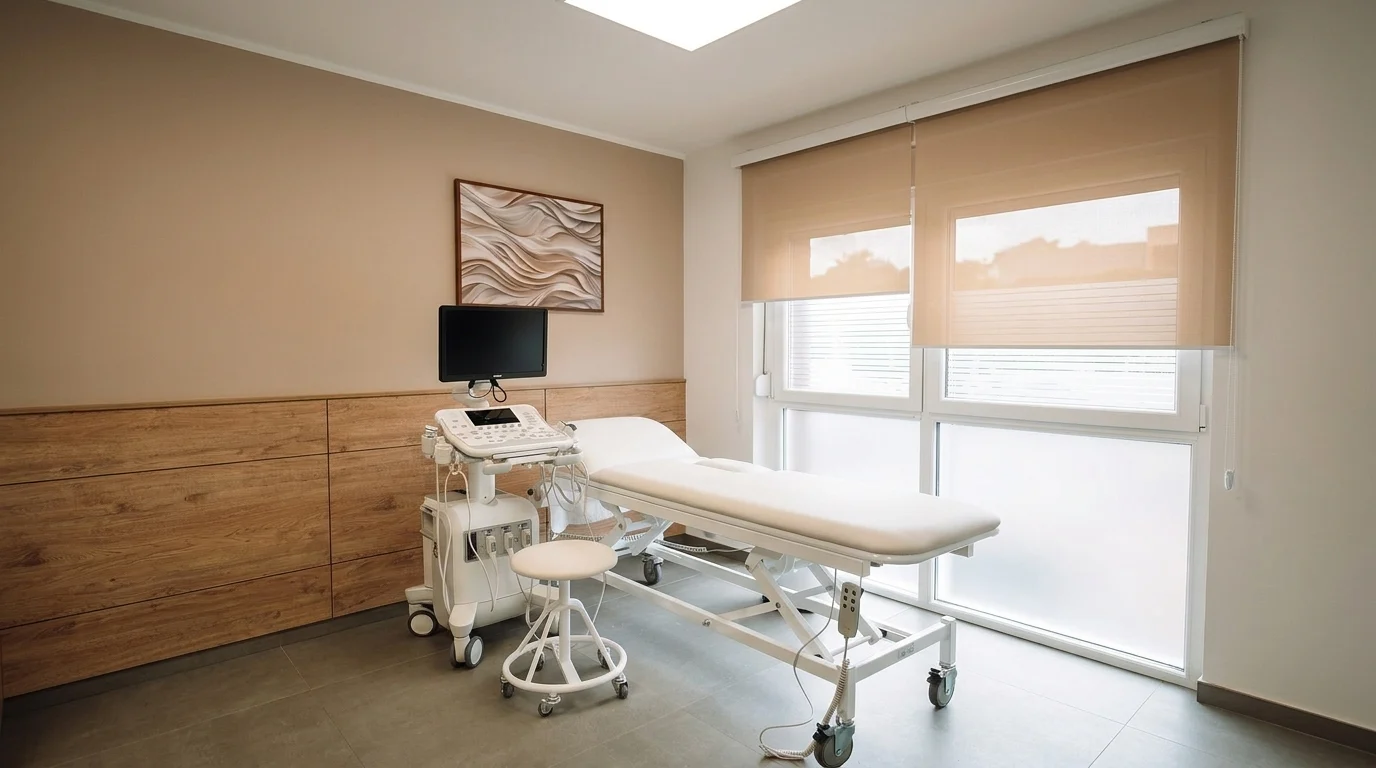 Sala de exame equipada com aparelho de ultrassom e maca, pronta para atendimento.