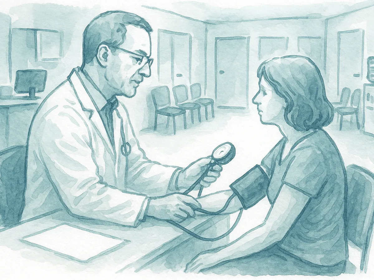 Ilustracao em aquarela: medico afere a pressao de uma paciente adulta sentada
