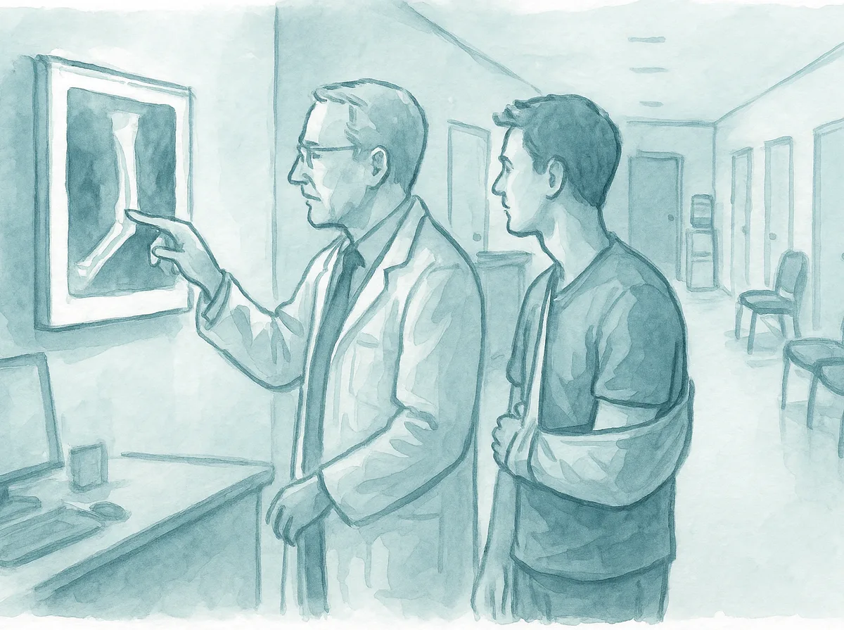 Ilustracao em aquarela: medico aponta um detalhe da radiografia no negatoscopio para um paciente com o braco na tipoia