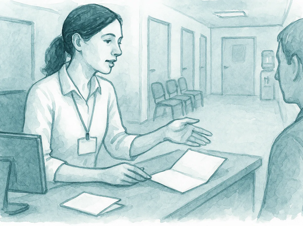 Ilustracao em aquarela: recepcionista entrega a guia de exame e explica o preparo no balcao
