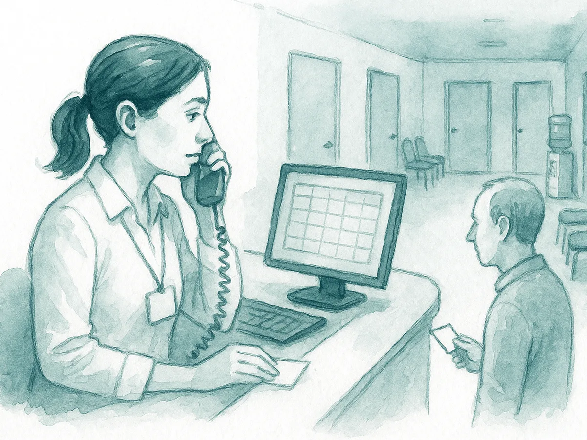 Ilustracao em aquarela: recepcionista ao telefone com a agenda na tela enquanto um paciente aguarda no balcao