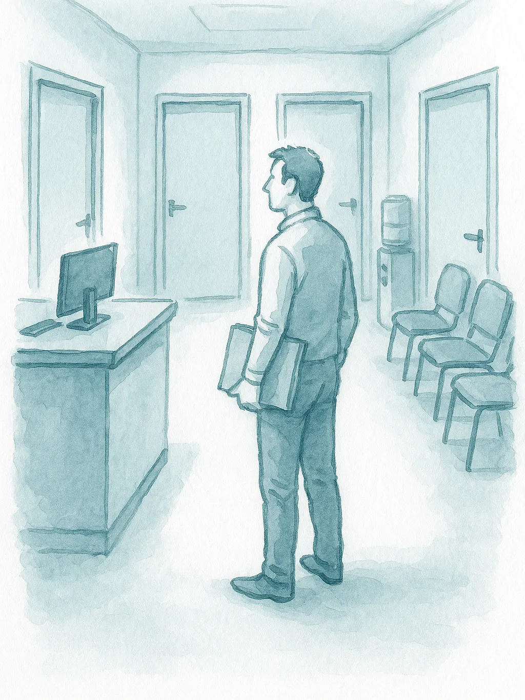 Ilustracao em aquarela: paciente no corredor entre duas portas de consultorio