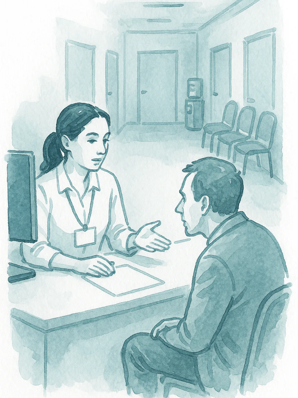 Ilustracao em aquarela: recepcionista explica algo a um paciente sentado no balcao