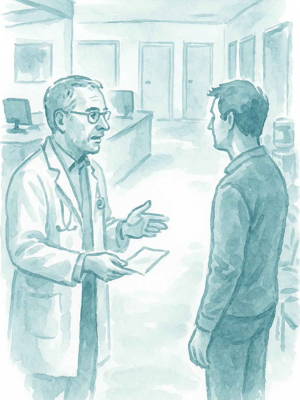 Ilustracao em aquarela: medico entrega a guia de exame a um paciente em pe no consultorio