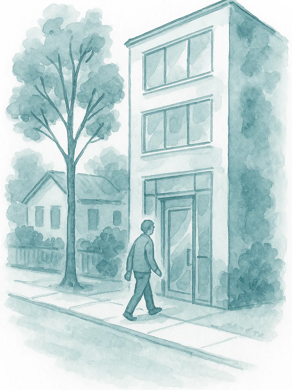 Ilustracao em aquarela: pessoa chegando a pe ao predio medico numa rua tranquila