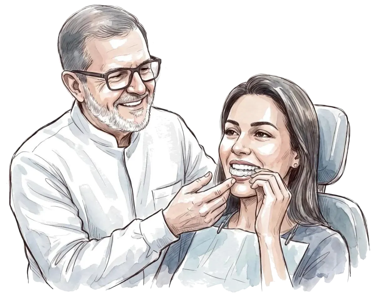 Paciente colocando um alinhador transparente com orientação do Dr. Marcos
