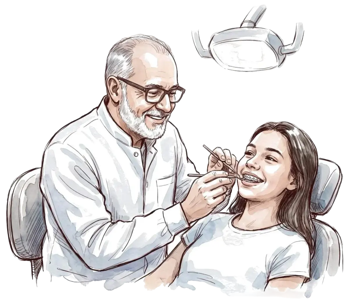 Dr. Marcos ajustando o aparelho fixo de uma paciente adolescente