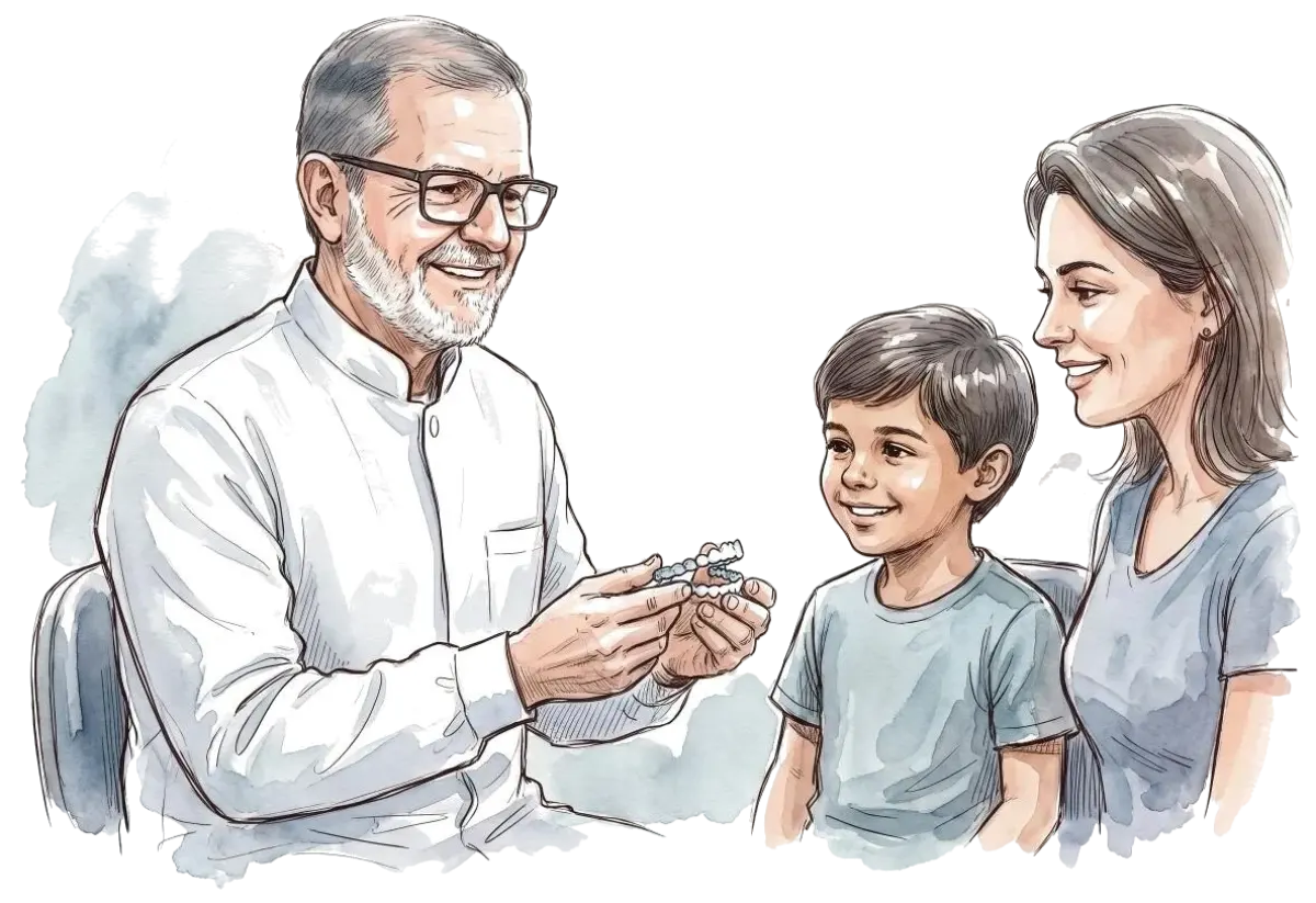 Dr. Marcos mostrando um aparelho ortopédico para uma criança e sua mãe