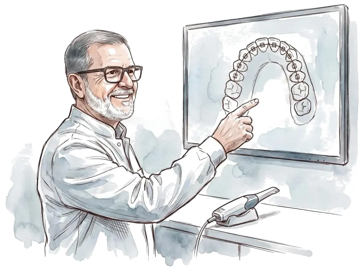 Dr. Marcos apontando a simulação digital do sorriso na tela do consultório
