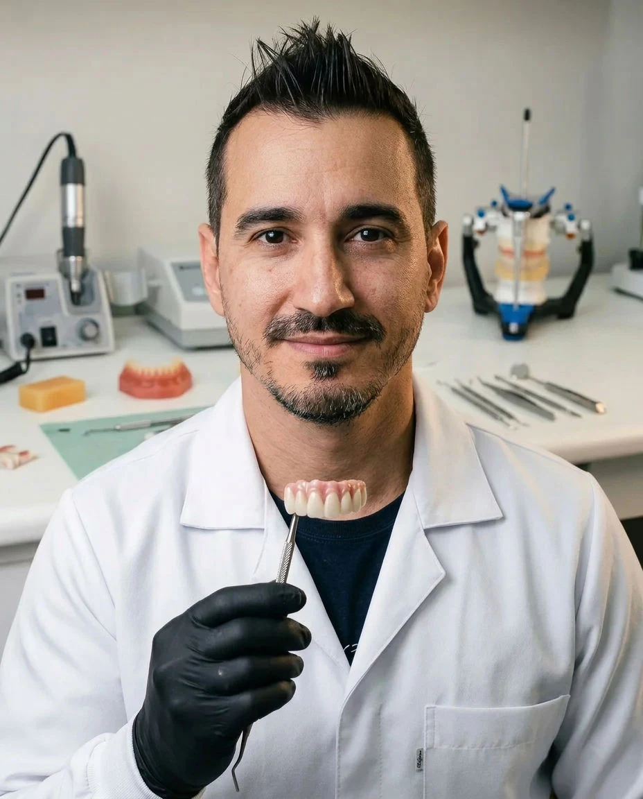 Mateus, técnico em prótese dentária, no laboratório em Mauá