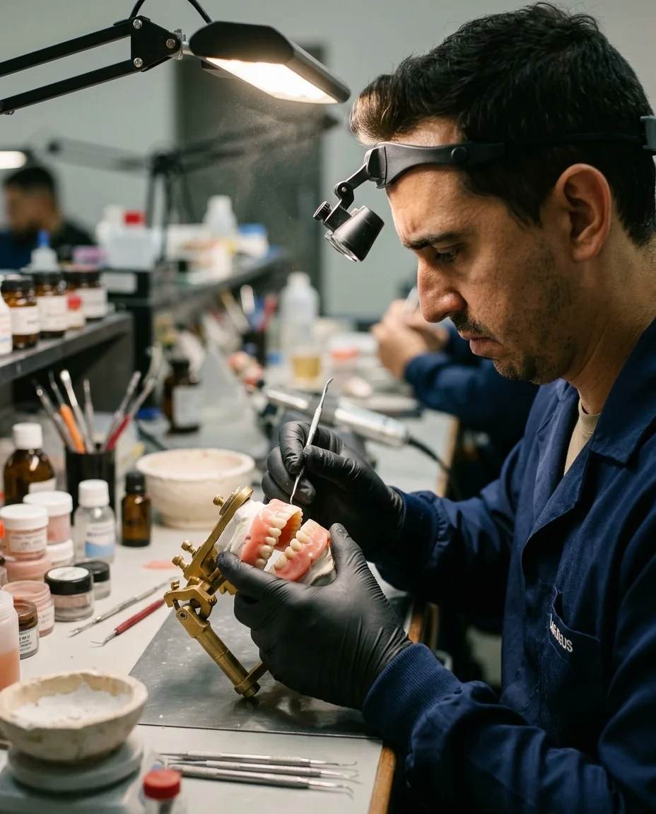Mateus na bancada do laboratório, trabalhando em uma peça de prótese