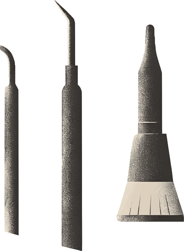 Ilustração de instrumentos de bancada: espátula de escultura em cera, pincel de cerâmica e peça de mão para polimento