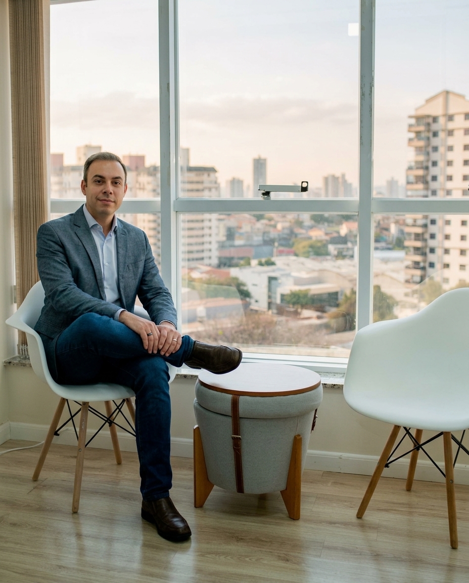 Dr. Paulo André Pereira sentado no consultório, diante da janela