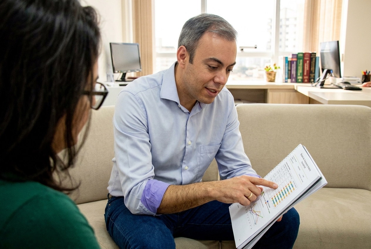Dr. Paulo André Pereira em consulta, ouvindo um paciente