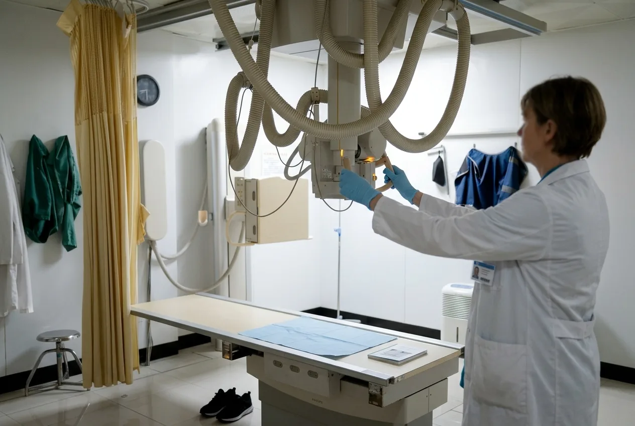 Técnico em radiologia posicionando o equipamento de raio-x digital na Medimagen