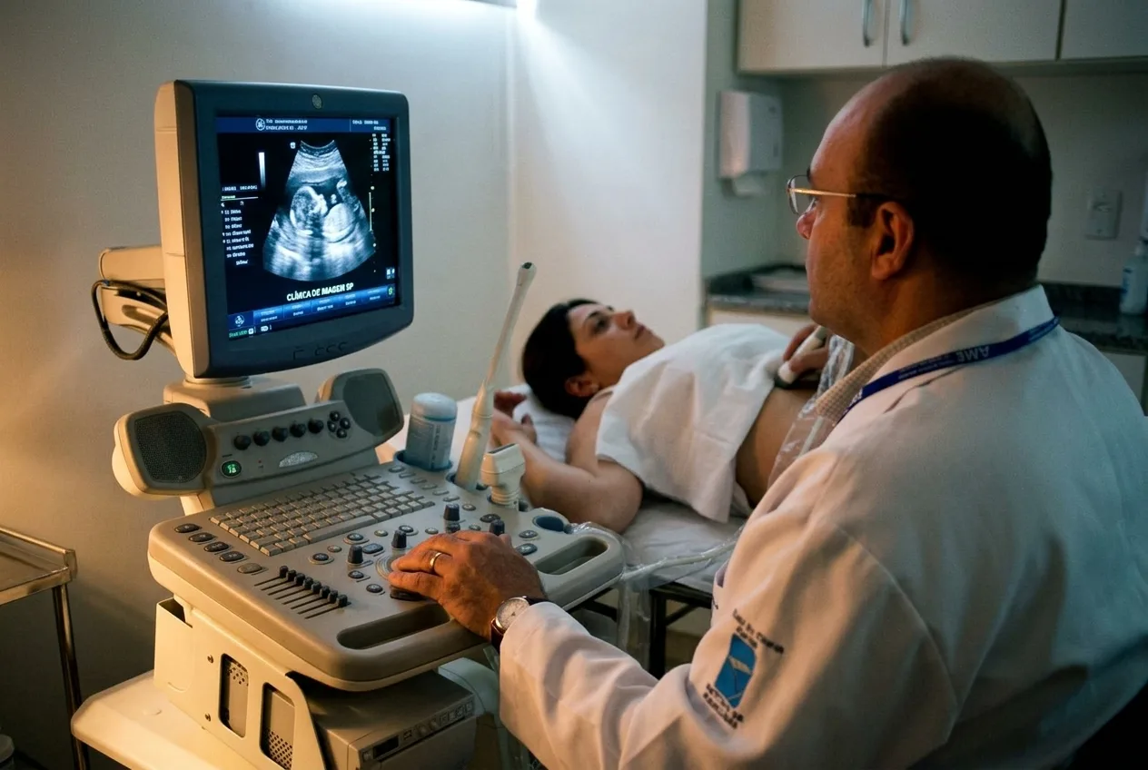 Técnico posicionando o transdutor de ultrassom para o exame na sala da Medimagen