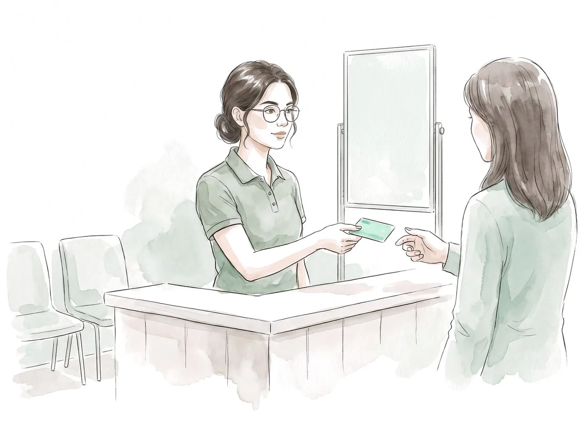 Ilustracao em aquarela: atendente entrega o cartao de saude a uma cliente no balcao