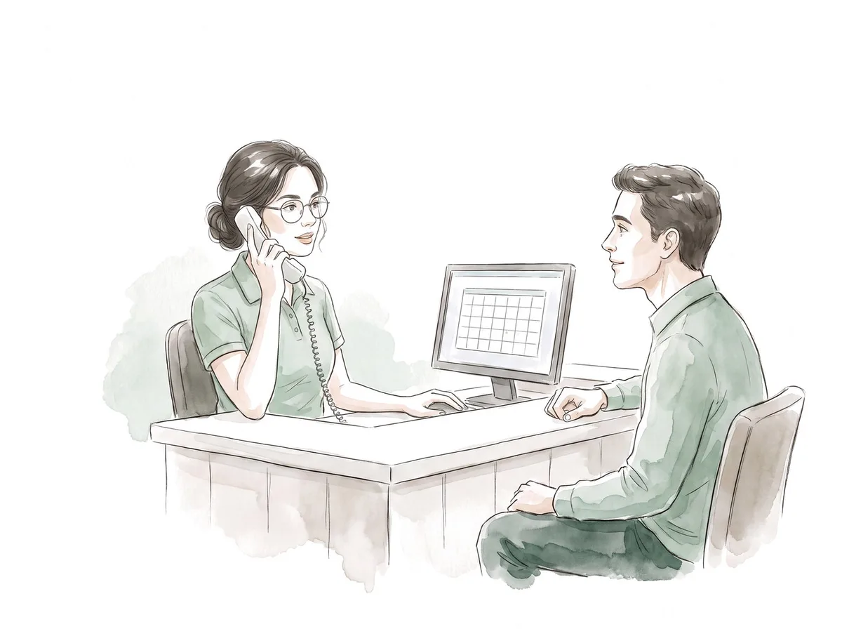 Ilustracao em aquarela: atendente ao telefone confirma horario enquanto o cliente espera no balcao